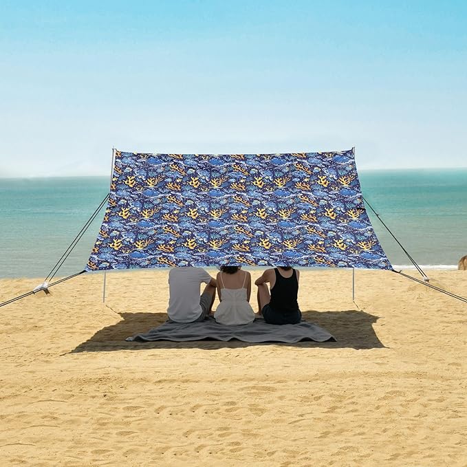 ALAZA Sea Turtle Coral Fish Beach Tent Sun Shelter UPF50+ Protection Beach Shade Canopy w/ 4 Sandbags for Outdoor Camping Fishing Backyard Fun Picnic 10x9 ft