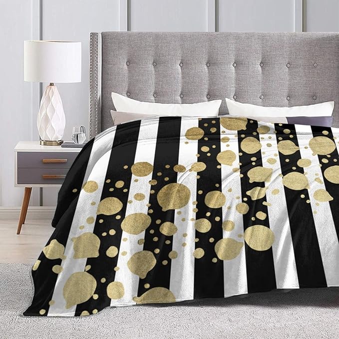 80X60 Faux Gold Paint Splatter On Black &amp White Stripes Lightweight Flannel Blanket - Soft and Breathable Polyester Suitable for Travel Camping and Home Decoration