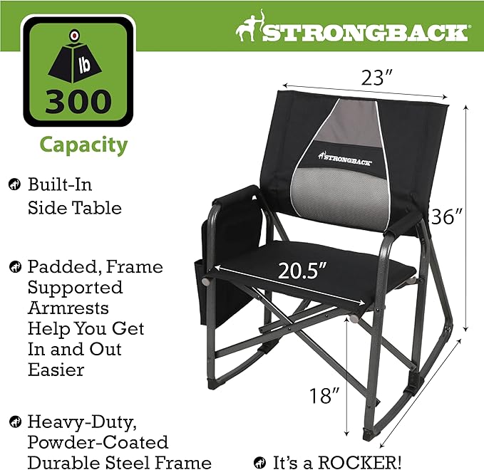 STRONGBACK Outdoor Chair Director Portable Camping Chair with Lumbar Support - Cupholder &ampPocket Included - Heavy-Duty Foldable Chair - Rocker/Black