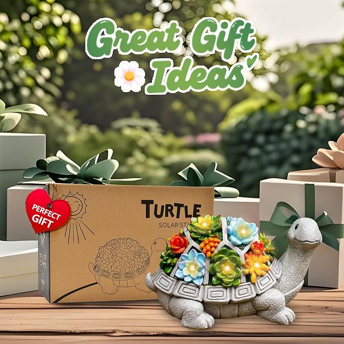 Nacome Solar Garden Outdoor Statues Turtle with Succulent and 7 LED Lights - Lawn Decor Tortoise Statue for Patio Balcony Yard Ornament - Chrismtas Gifts for Mom Grandma