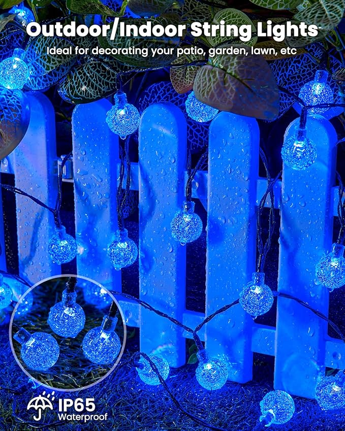 Solar String Lights Outdoor Waterproof 2 Pack 60 LED 36.5 FT Each 8 Lighting Modes Solar Powered Patio Lights for Garden Yard Porch Wedding Party Decor (Blue)