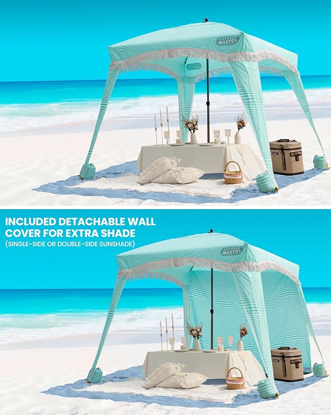 OutdoorMaster Beach Cabana with Fringes Portable 6' x 6' Beach Canopy for Sand Easy Set Up Beach Shelter Included Side Wall UPF 50+ UV Protection Sun Umbrella - for Family &amp Friends