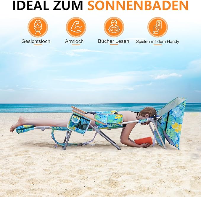 Oversized Heavy Duty Backpack Beach Chair with Sun Canopy Reclining Lounge Chair Tanning Chair with Face Hole 5-Position Foldable Camping Chair for Outdoor Sunbathing Beach Patio Pool (Yellow/Green)