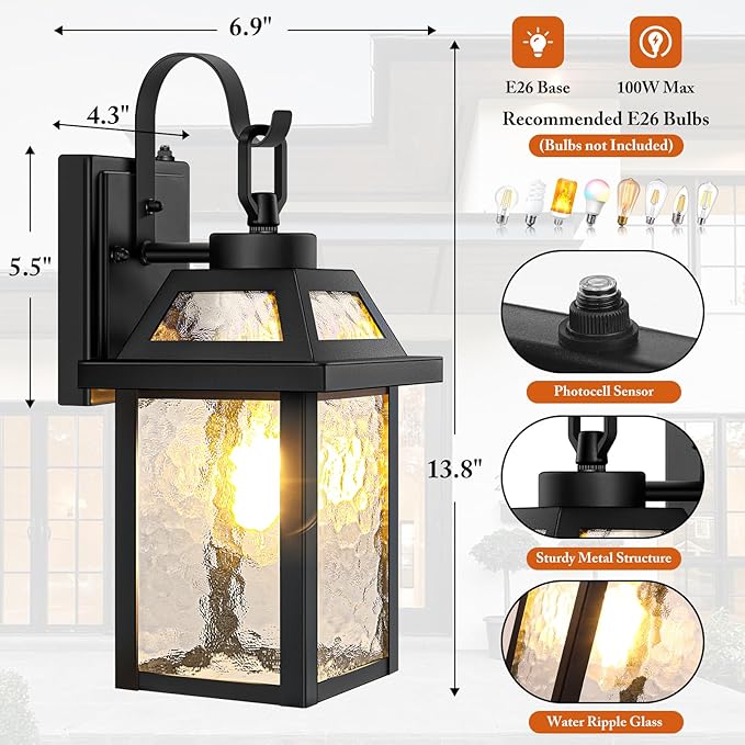 BesLowe Dusk to Dawn Outdoor Wall Lights Exterior Lighting Fixtures Wall Mount Porch Lights Outdoor Wall Sconces with Water Ripple Glass Outside Lights for House Front Door Garage 2-Pack