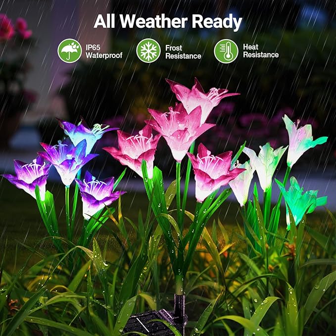 WdtPro Solar Lights Outdoor Garden Decorative 6 Pack Waterproof Solar Garden Lights with 24 Lily Flowers Color Changing LED Solar Powered Landscape Lights for Outside Yard Patio DecorGifts