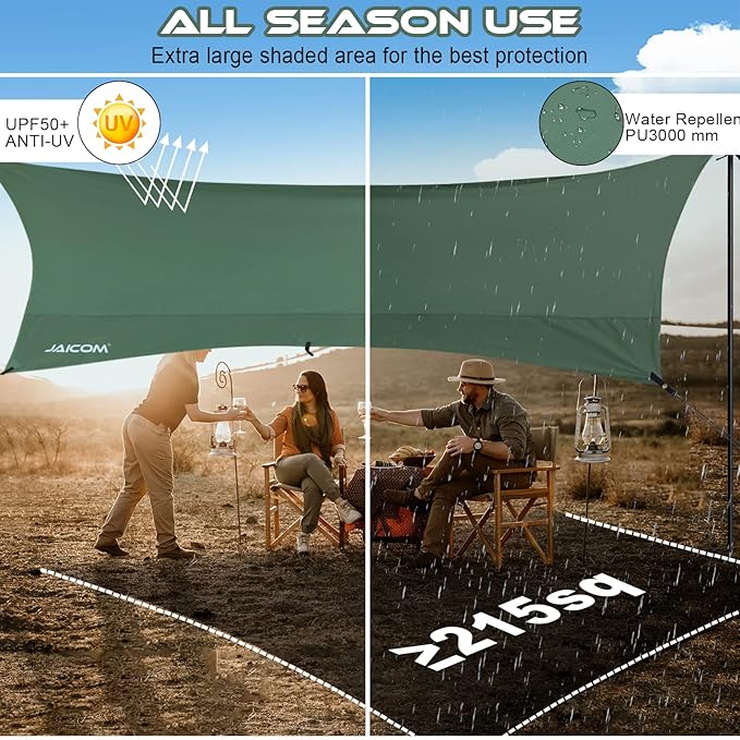 Camping Tarp 14 X 12FT Tarp with 2 Poles Waterproof &amp Lightweight Tent Tarp Car Awning UV UPF50+ Rain Fly Sun Shelter Can Used with Hammock in Outdoor Garden and Backpacking