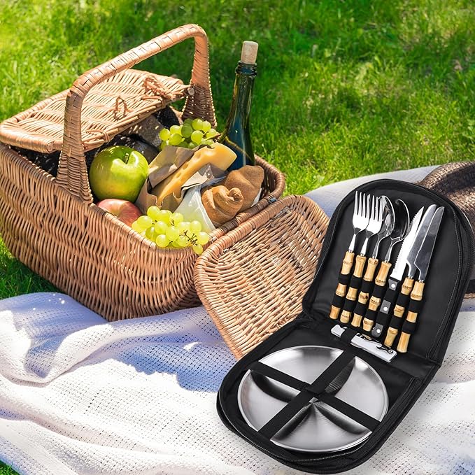 Outdoor Camping Silverware 10Pcs Set Stainless Steel Outdoor Camping Mess Kits Includes Forks Spoons Knives Fork Spoon Dish and Cap Opener Plates - Portable Cutlery Bag