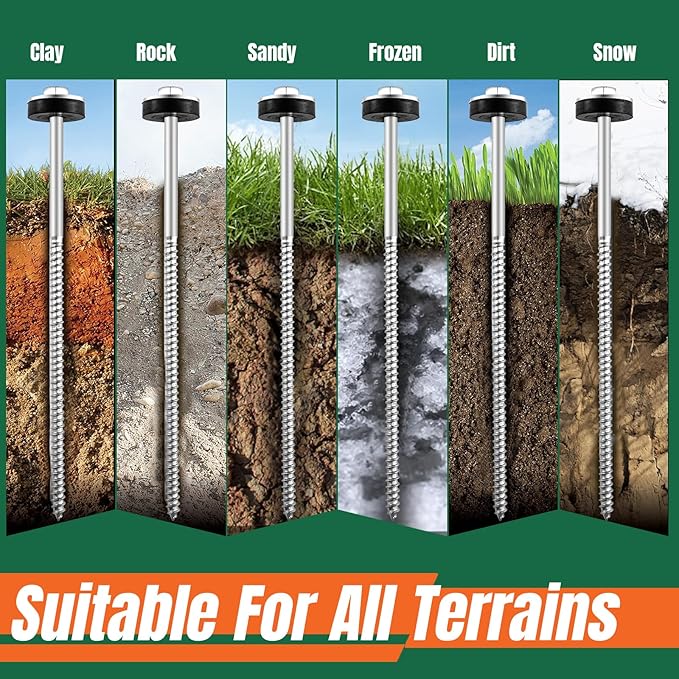 15 Pcs 12 Hex Drillable Tent Stakes Hex Heavy Duty Metal Ground Pegs Screw in Camping Spikes for Garden Canopies Grassland Canopies Awnings Camping Travel (Hex Tool and Storage Bag)