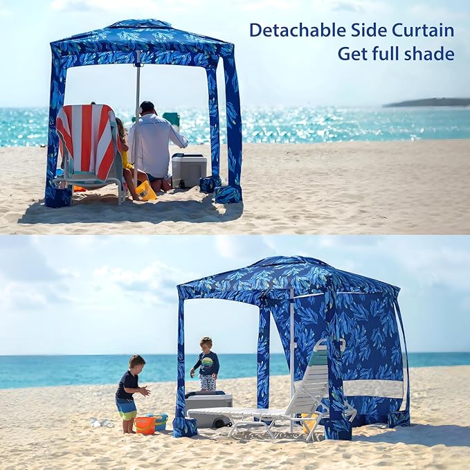 AMMSUN Beach Cabana 6.2'×6.2' Beach Canopy Easy Set up and Take Down Cabana Tent with Sand Pockets Instant Sun Shade with Side Wall Coral Tropical