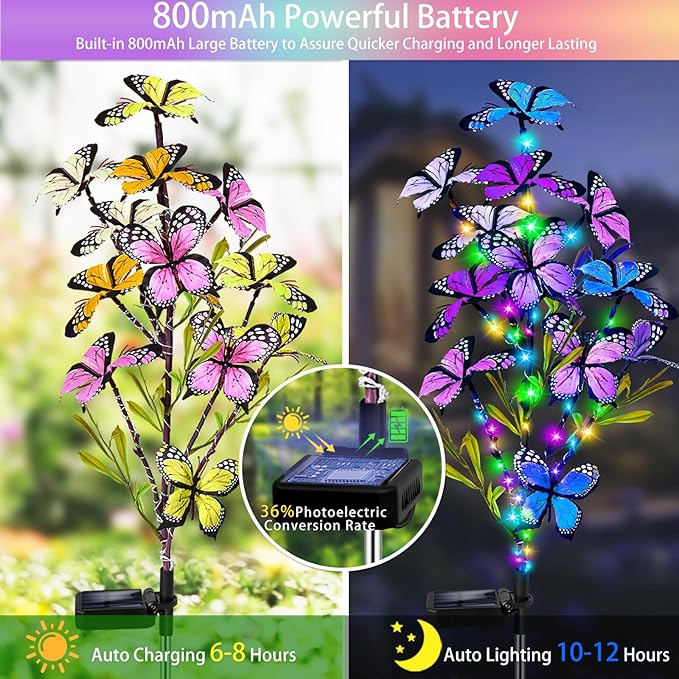 Solar Garden Lights Outdoor Waterproof 4 Pack Solar Butterfly Lights with 60 LED 12 Butterfly Colorful Lighting for Garden Yard Lawn Outdoor Decor Gift for Mom Women Mother's Day