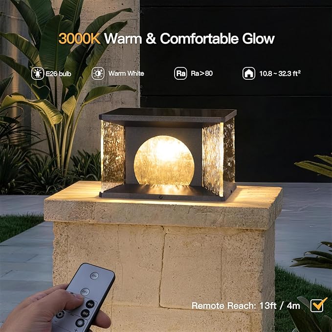 Large Solar Post Lights Outdoor 11.8 Glass Column Lights Outside Post Lights Solar Powered Modern Pillar Light Waterproof Dusk to Dawn Lantern Column Lamp for Patio Gate Driveway Pathway