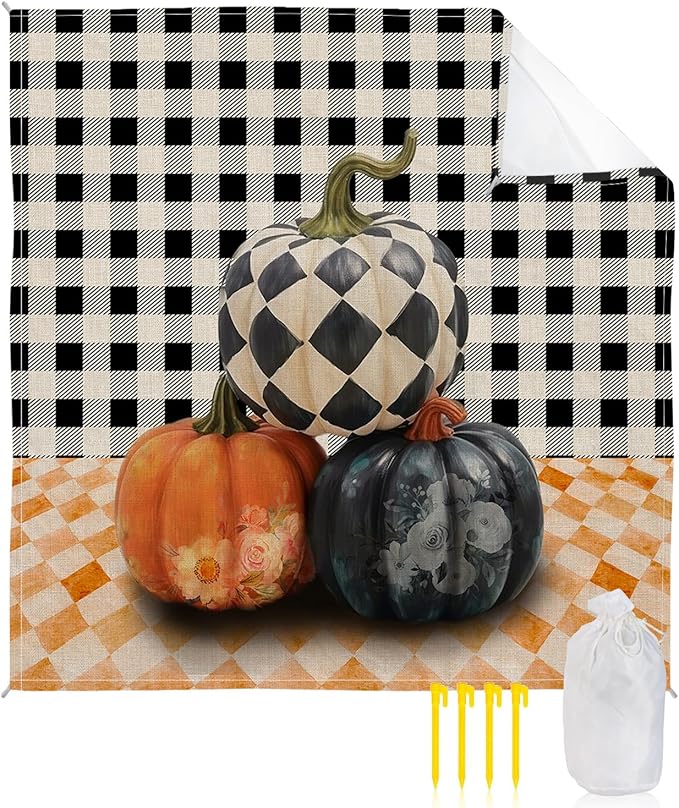 Beach Blanket Waterproof Sandproof Fall Thanksgiving Pumpkin Black Buffalo Plaid Quick Drying Beach Mat with 4 Stakes Orange Lattice Vintage Linen Lightweight Picnic Blanket for Travel 108x84