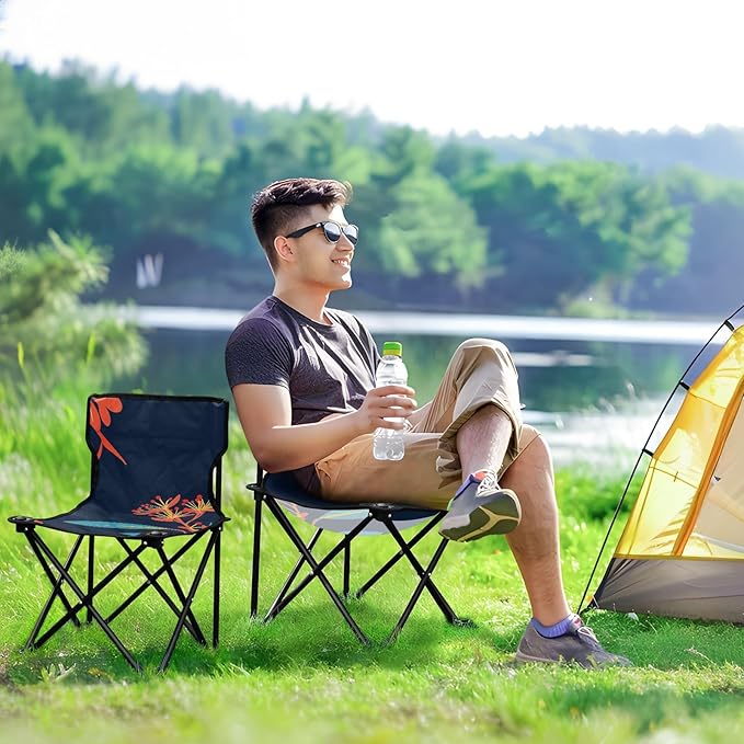 Flower Navy Blue Pattern Foldable Camp Chairs for Adults Heavy Duty Ultra-Lightweight Packable Chair Carry Bag Included for Traveling