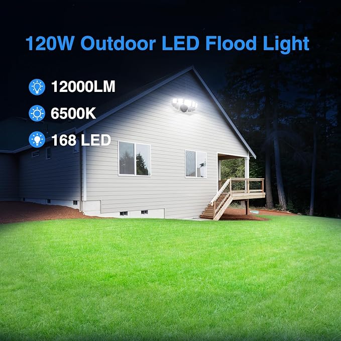 120W Outdoor LED Flood Light 5 Heads Exterior Security Lights 6500K Super Bright Floodlight Fixture Waterproof IP65 Outside Flood Lights for House Backyard Black