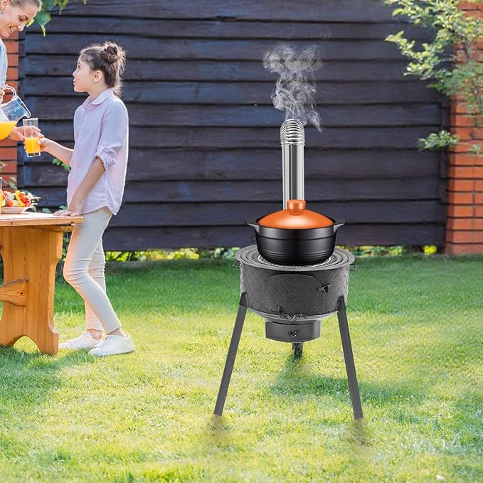 Multifunction Wood Burning Stove With Grill Rack Camping Wood Stove Large Charcoal Grill With Grill Rack For Outdoor/Backyard Cooking Picnic And Barbecue. (Carbon Black-19in+ 3 Wok Rings)
