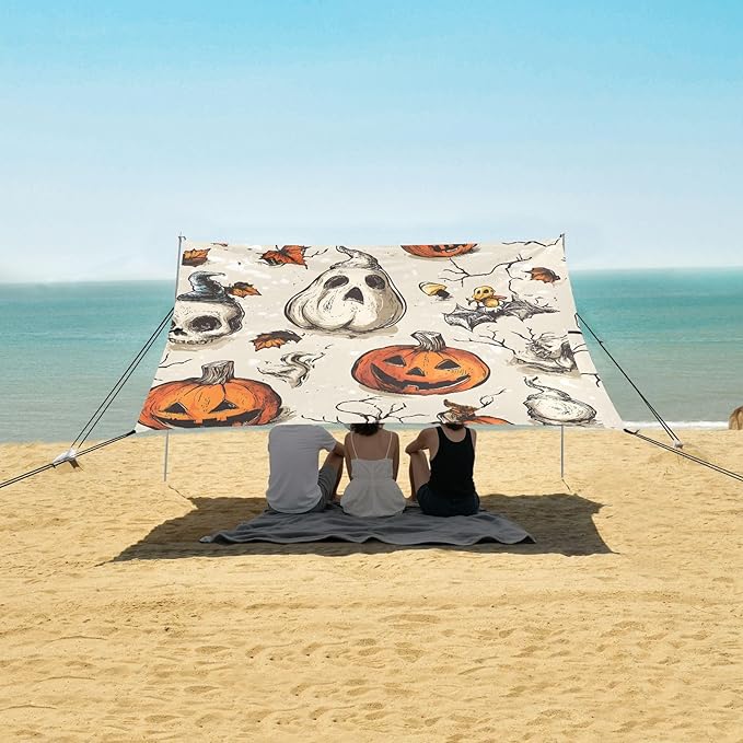 ALAZA Halloween Pumpkin Skull Beach Tent Sun Shelter UPF50+ Protection Beach Shade Canopy w/ 4 Sandbags for Outdoor Camping Fishing Backyard Fun Picnic 10x9 ft