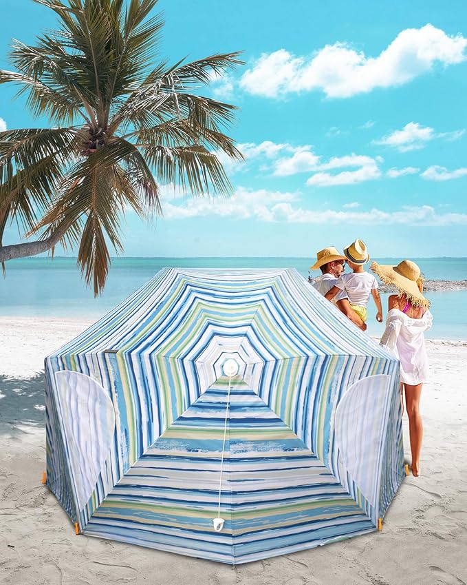 OutdoorMaster Pop Up Beach Umbrella Portable Beach Tent Shelter Beach Shade Sun Canopy with UPF 50+ UV Protection Extendable Floor with Carrying Bag