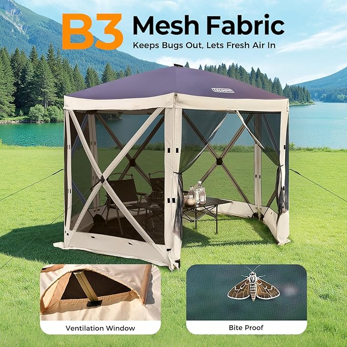 Tecoom 6-Sided 10x10ft Pop Up Gazebo Tent Screen House with Mosquito Netting Canopy for Camping Portable Sun Shelter with Removable Siedwalls for Outdoor Garden Activities