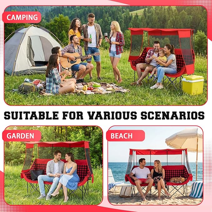 3 Person Camping Chair with Canopy Shade 700lbs Heavy Duty Oversized Beach Camping Chair with Thick Cushion Cup Holder and Carry Bag Foldable Portable Sofa for Lawn Beach Outdoor(Red Black)