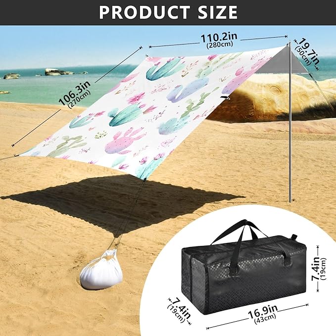 Bolaz Beach Canopy Tent Sun Shade9'×10.5' Large Family Beach Shade UPF50+- Outdoor Shade for Camping Trips FishingWatercolor Cute Cactus Pattern