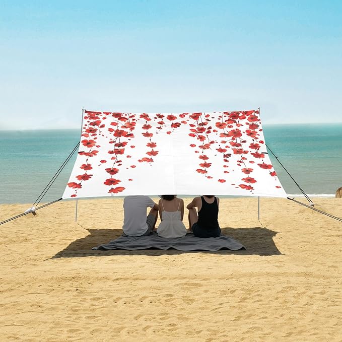 ALAZA Red Cherry Blossom Flowers Beach Tent Sun Shelter UPF50+ Protection Beach Shade Canopy w/ 4 Sandbags for Outdoor Camping Fishing Backyard Fun Picnic 10x9 ft