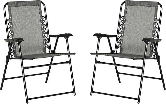 Outsunny Set of 2 Patio Folding Chairs Outdoor Bungee Sling Chairs w/Armrests Portable Lawn Chairs for Camping Garden Pool Beach Backyard Gray