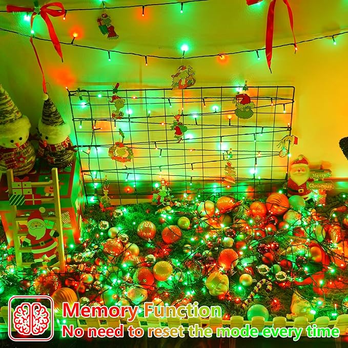 YEGUO Christmas Lights Battery Operated 2 Pack Each 33ft 100 LED Red and Green String Lights Outdoor Waterproof 8 Modes Green Wire Fairy Light Indoor with Remote