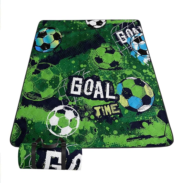 Outdoor Picnic Blanket Portable Ultrasonic Waterproof Picnic Cartoon Soccer Green Printed Camping Beach Mat for Sand and Wet Grass Hiking (Cartoon Soccer L