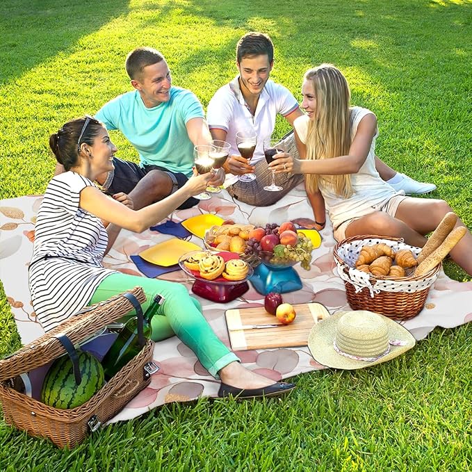 Waterproof Sandproof Beach Blanket 59''×68'' Poplar Leaves Polyester Outdoor Picnic Blanket with 4 Stakes &amp Storage Bag for BeachCampingVacation Plants