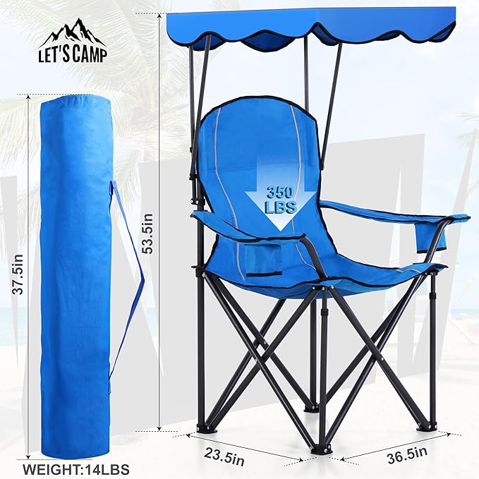 LET'S CAMP Camp Chair with Shade Canopy Folding Camping Recliner Chair with Carry Bag for Outdoor Camping Hiking Beach Heavy Duty 350 LBS