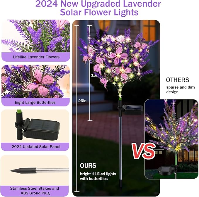 Solar Garden Lights Outdoor 4 Pack Purple Lavender Solar Butterfly Lights Gardening Gifts for Women Artificial Flower with Butterfly Purple Garden Decor for Lawn Patio-Warm White