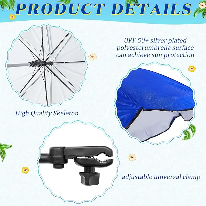 Buryeah 2 Pcs Automatic Chair Umbrella with Universal Clamp 44 UPF 50+ Portable Clamp on Beach Chair Adjustable Wheelchair Umbrella for Outdoor Patio Parasol