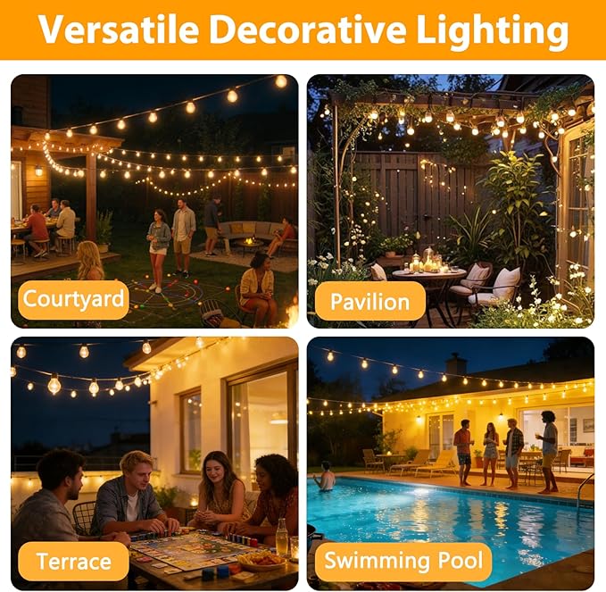 Smart Outdoor String Lights 200FT ST38 LED Patio Lights with Timer Remote APP Control 84 Shatterproof LED Bulbs (4 Spare) Dimmable Waterproof Hanging Light for Backyard Porch Party Decor