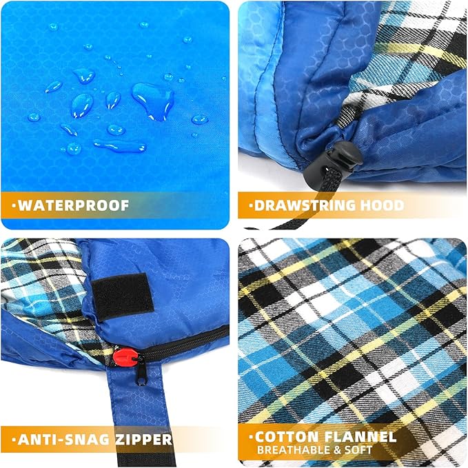 Cotton Flannel Lined Sleeping Bag for Adults Teens Kids Cold Weather &amp Warm 3 Seasons Lightweight Compact Camping Essentials Equipment Hiking Outdoor Travel