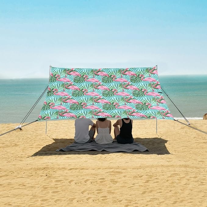 ALAZA Pink Flamingo Palm Leaves Beach Tent Sun Shelter UPF50+ Protection Beach Shade Canopy w/ 4 Sandbags for Outdoor Camping Fishing Backyard Fun Picnic 10x9 ft