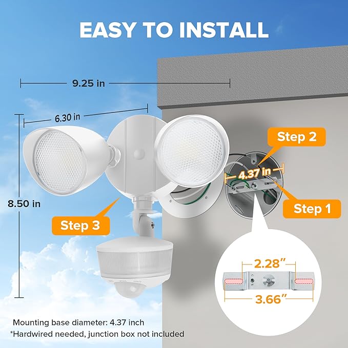 LUTEC 34W 3700 Lumen LED Security Light Motion Sensor Outdoor Lights with Night Light 5000K Daylight IP65 Waterproof Dusk to Dawn Hardwired Motion Detector Flood Light for Garage Yard-White