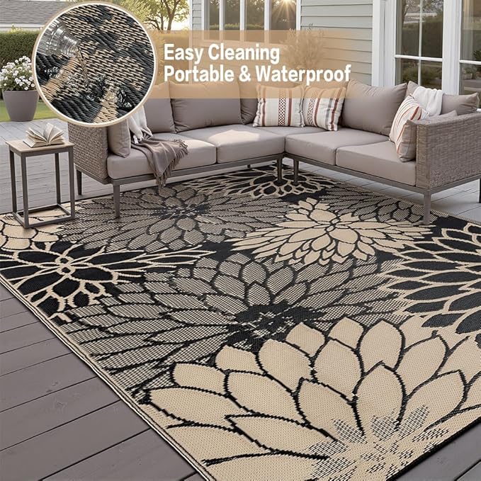 HUGEAR 8'x10' Outdoor Rug Waterproof Plastic Straw Rugs Large Brown Reversible Floral Mat Floor Carpet for Camping RV Deck Entryance Porch Picnic Balcony Beach Backyard