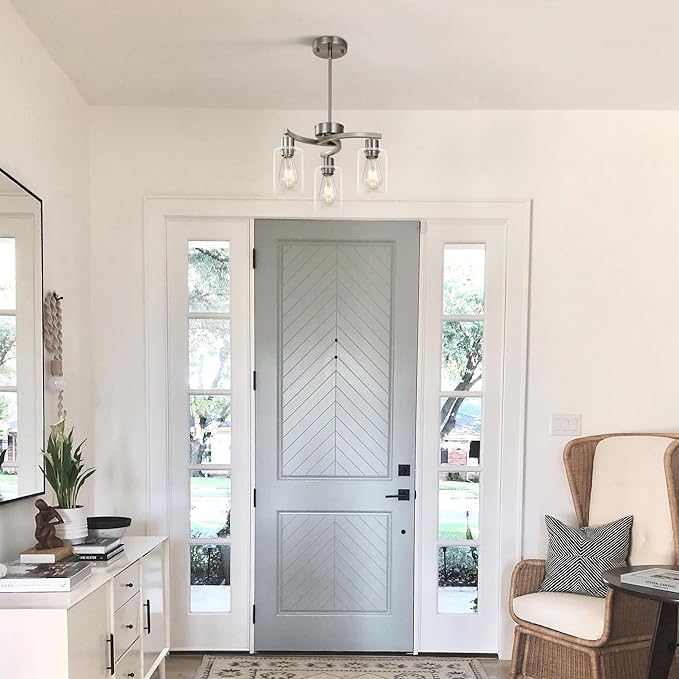 3 Light Brushed Nickel Dining Room Light FixtureModern Kitchen Chandeliers Over TableAdjustable Height Industrial Hanging Pendant Lights for Kitchen Island with Glass Shade