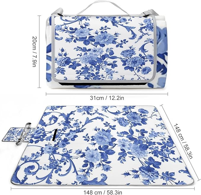 Blue and White Chinese Style Chinoiserie Folk Waterproof Outdoor Picnic Blanket Sandproof Beach Mat for Camping Hiking Grass Travelling