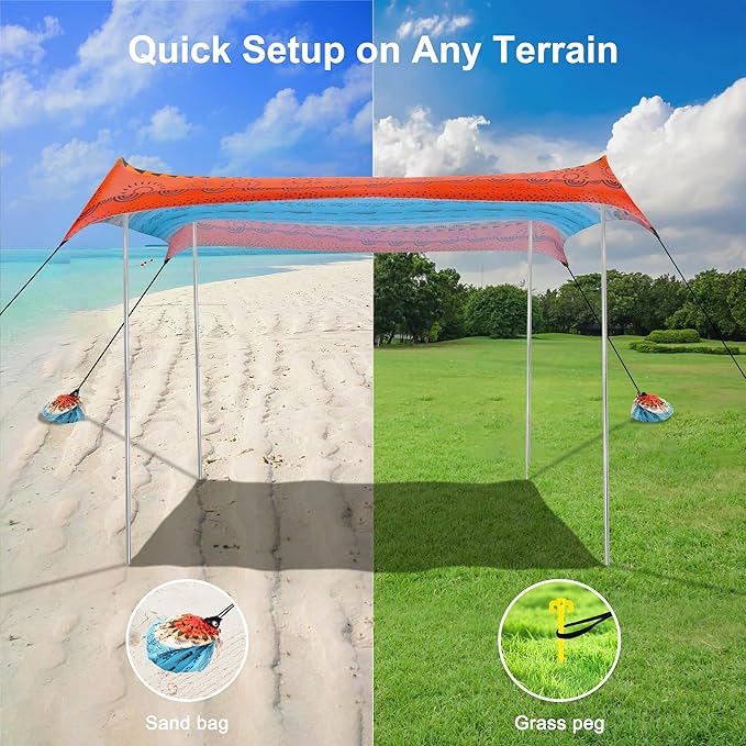 Beach Tent Beach Canopy Sun Shade Sail UPF 50+ Portable 10×10 FT Camping Sun Shelter with Sandbags Poles Ground Pegs and Anti-Wind Ropes for Outdoor Backyard Picnics Sport Fishing