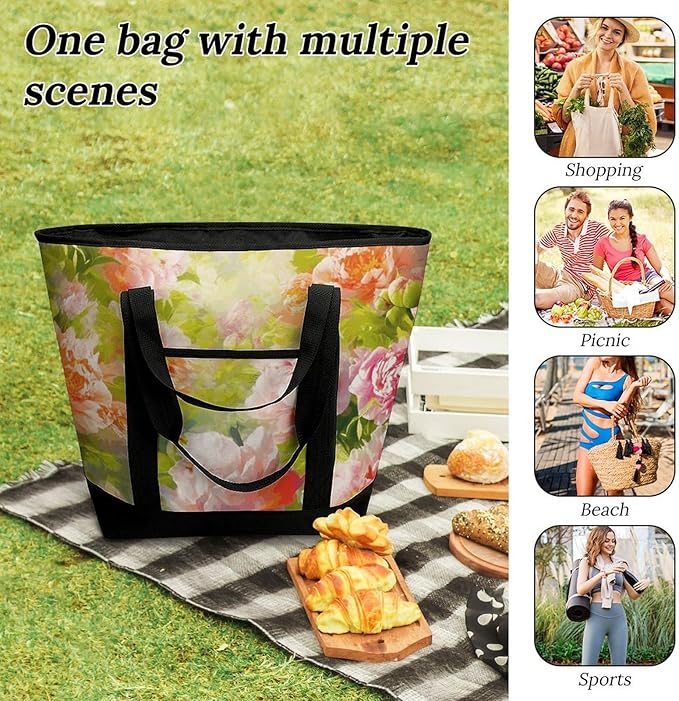 Insulated Shopping BagLarge Reusable Cooler Bags Bright Peonies Printed Foldable Shopping BagTravel Waterproof Shoulder Bag