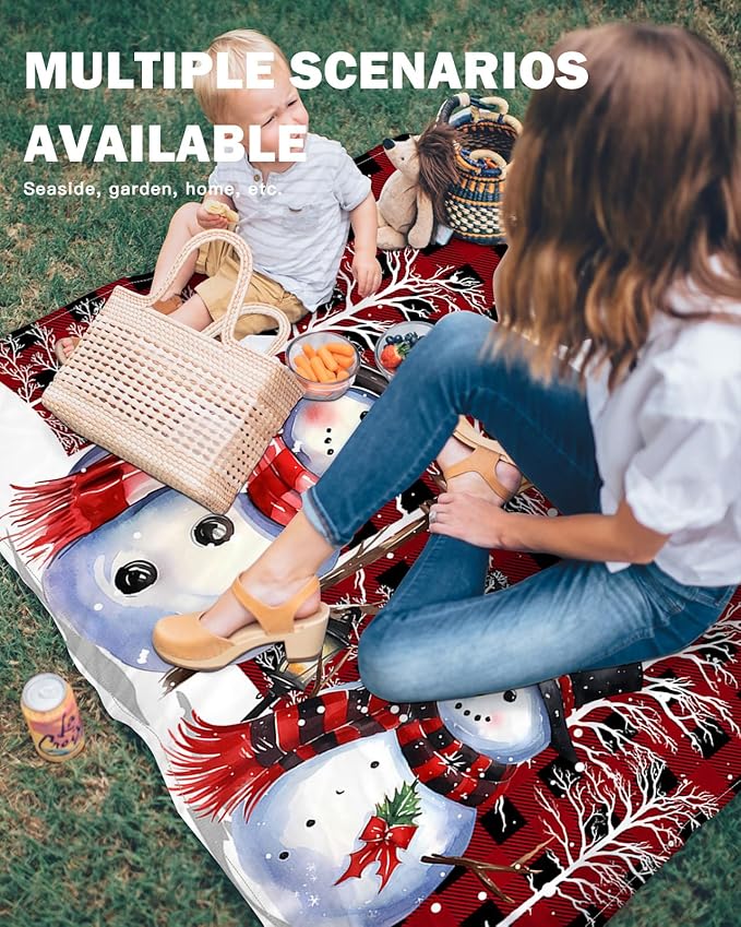 Beach Blanket Waterproof Sandproof OversizedCartoon Snowman Red Buffalo Check Beach Mat with Corner Stakes Sand PocketsSnowflakes Snow Tree Outdoor Picnic Mat for Travel Camping Hiking 95x80In