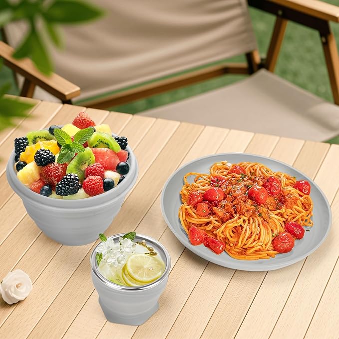 7pcs/Set Camping Mess Kit - Foldable Camping Utensils Portable Travel Silverware Set with Silicone Cup Silicone Bowl Plastic Plate Stainless Steel Tableware Camping Mess Kit for 1 Person