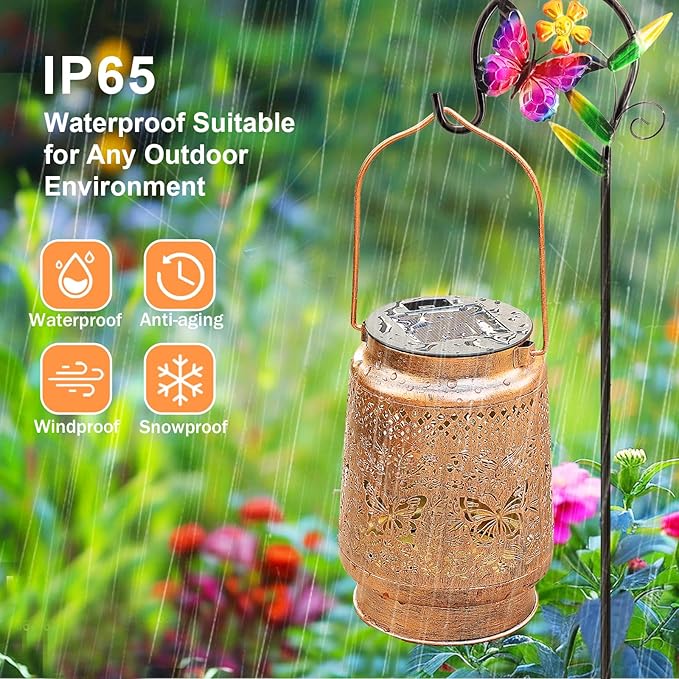 Solar Lanterns Outdoor Butterfly Garden Decor Gifts for Women Mom Grandma Birthday Waterproof Metal Hanging Solar Lights LED Decoration with Shepherd Hook Outside for Yard Patio Lawn Porch