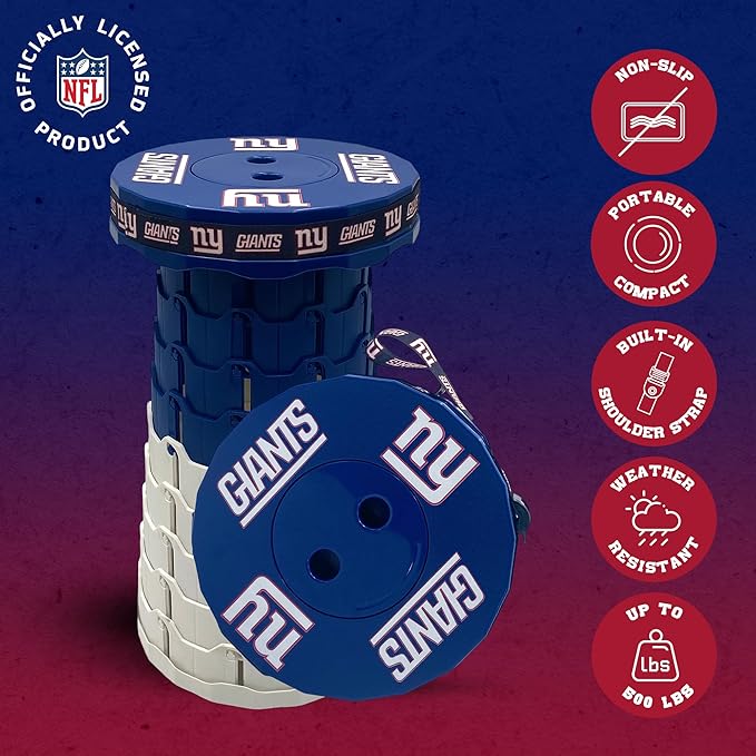 Sporticulture NFL New York Giants Telescoping Collapsible Stool 500lbs Max Weight Portable Adjustable Height Folding Camping Stool with Carry Strap Retractable Stadium Have A Seat Outdoor Sports Fan