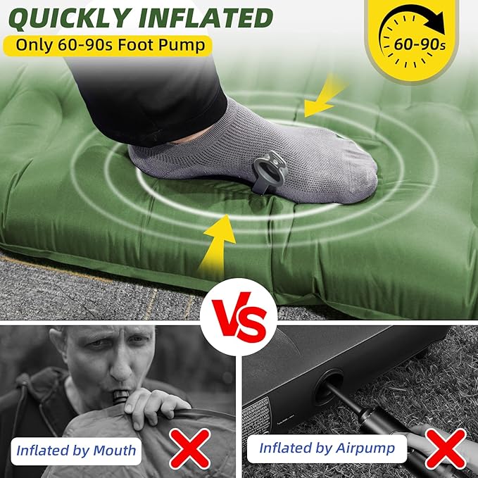 Sleeping Pad for Camping 32.68 Inch Extra Wide Inflatable Camping Mat with Pillow and Built-in Foot Pump Air Mattress 5.11 Inch Extra Thick for Tent (Army Green)