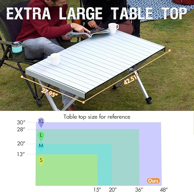 PORTAL Folding Outdoor Camping Table with Adjustable Height Aluminum Roll-Up Top and Carry Bag Big Large Portable Tables for Picnic BBQ and Tailgating Silver