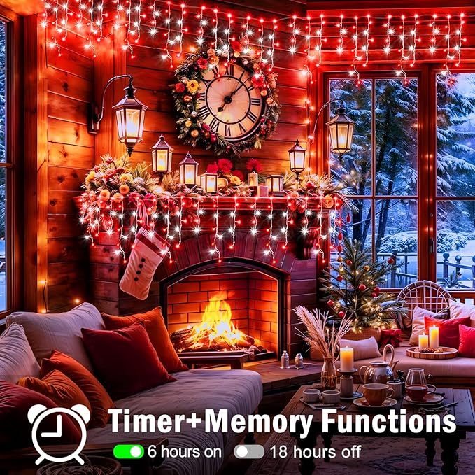 XURISEN 66ft Christmas Lights Decorations Outdoor 640 LED 8 Modes Curtain Fairy Lights with 120 DropsPlug in Waterproof Timer Memory Function for Christmas Holiday Wedding Party Decor(Red+White)
