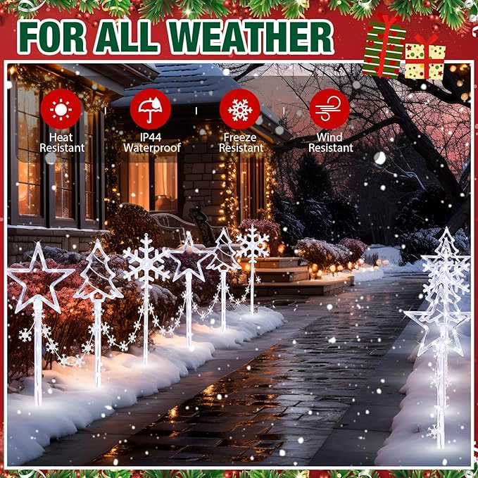 12 Pack Outdoor Snowflake Walkway Lights Plug in Christmas Pathway Lights 8 Modes Xmas Waterproof LED Garden Stake Light for Walkway Porch Yard Lawn (Cool White)