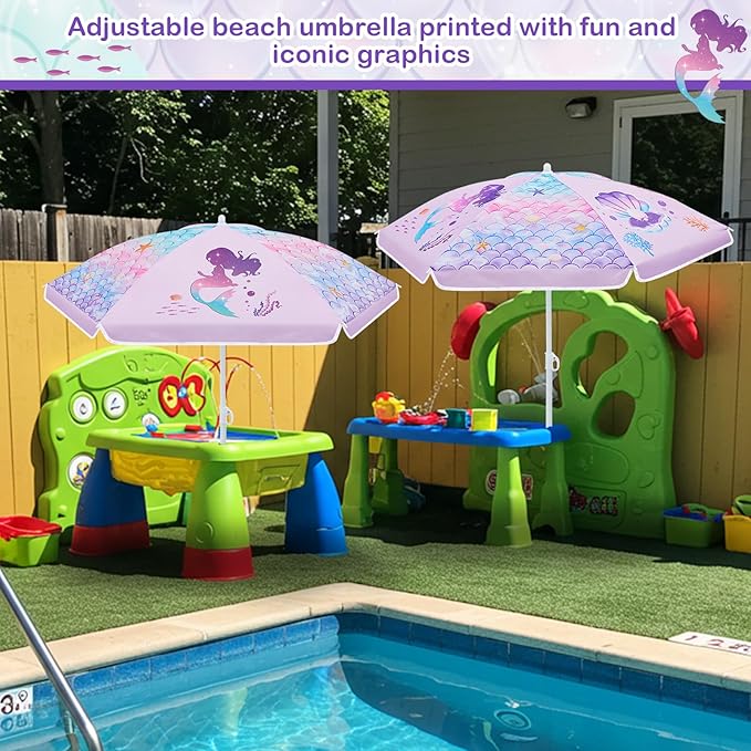 Sweetude Water Table Umbrella (Table Not Included) Kids Seaside Beach Umbrella Picnic Canopy for Summer Toddlers Sand Beach Camping Garden Outdoor Pool Shade Party Supply(Mermaid Theme)